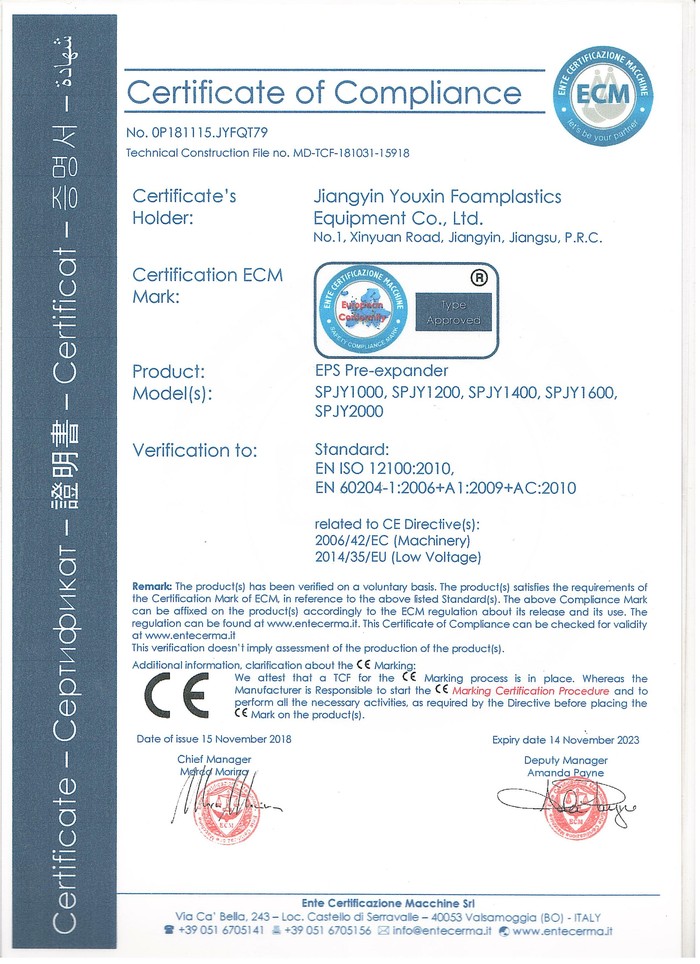EPS Pre-expander Machine CE Certificate